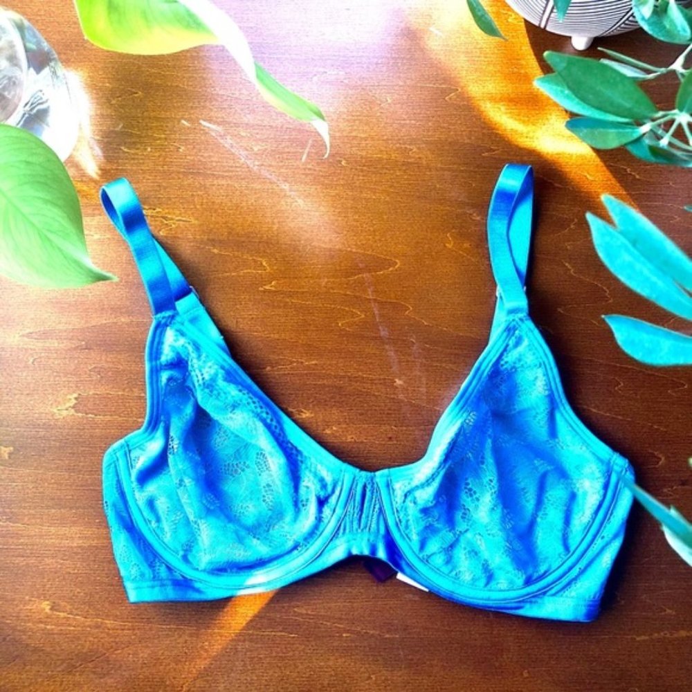 True & Co. turquoise blue organic design sheer lace mesh underwire bra 32D
